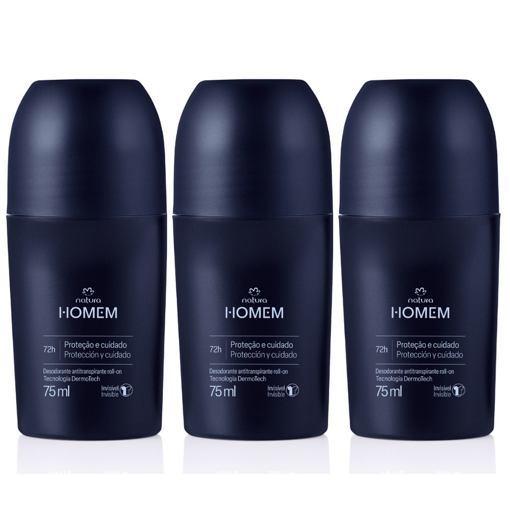 KIT 3 Desodorante Roll On Invisível Natura Homem Tradicional Masculino 75mL Cada