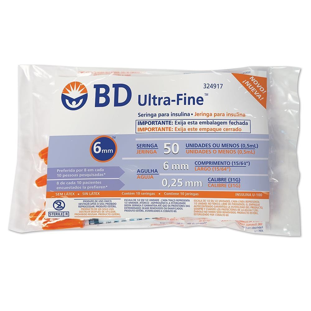 SERINGA PARA INSULINA BD ULTRA-FINE ™ 6 MM DE 50 UI COM 10 UNIDADES