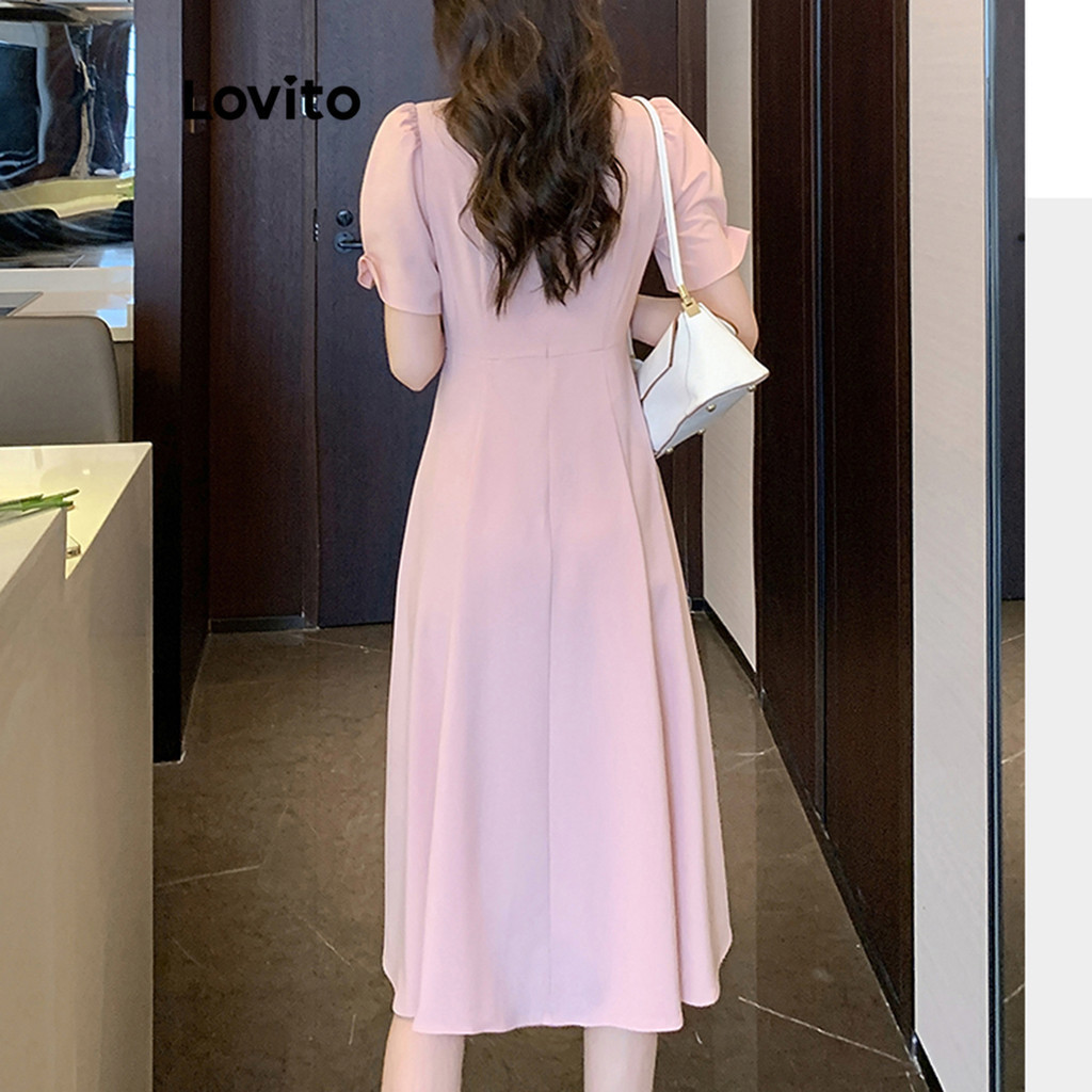 (Trendy) Lovito Elegante Vestido Feminino Liso Plissado Plicado Evasê LNE34101 (Rosa) - Women Clothes