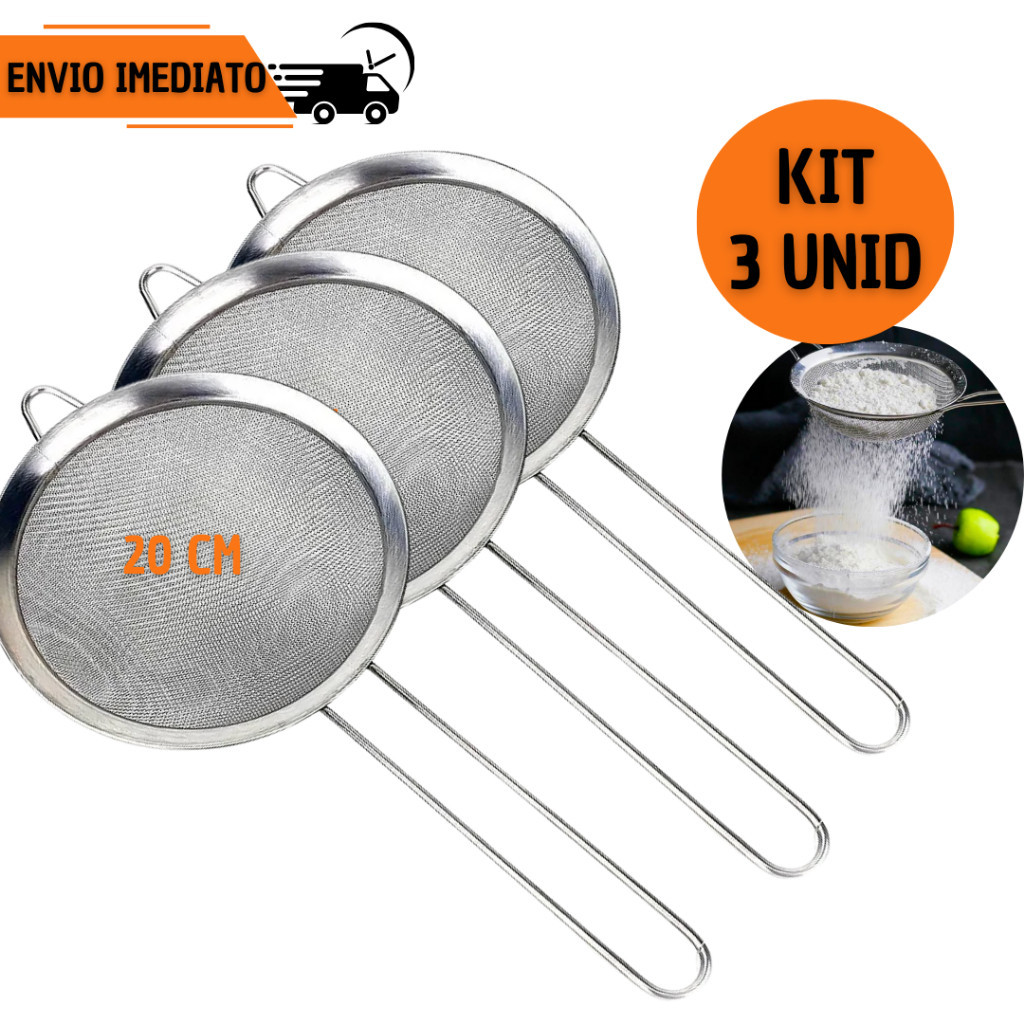 Kit 3 Peneiras 20CM Peneirador de Farinha Açúcar Coador Fino Passador de Cozinha Confeiteiro Tela