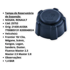 Tampa Reservatorio Agua Sandero Clio Duster Fluence Kangoo Logan Megane Scenic 1/4 Bar Valeo