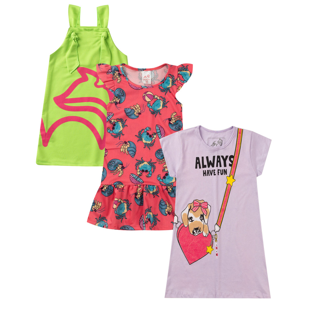Kit 3 Vestidos Menina Verão – Roupas Infantis Leves, Estampadas e Confortáveis | Infantil Feminino 2 a 12 Anos