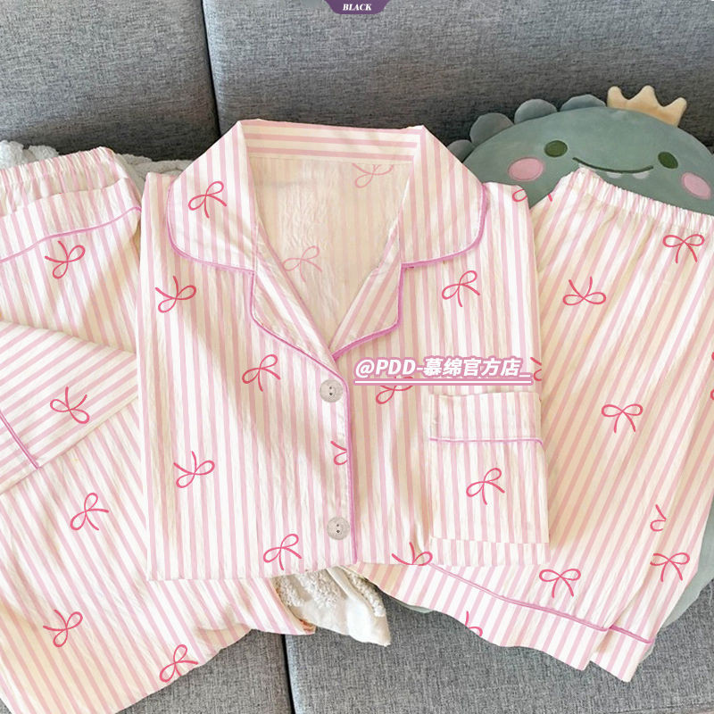 2025 Novo Ins Doce Arco Pijamas Feminino Verão Manga Curta Cardigan Terno De Três Peças Ho...