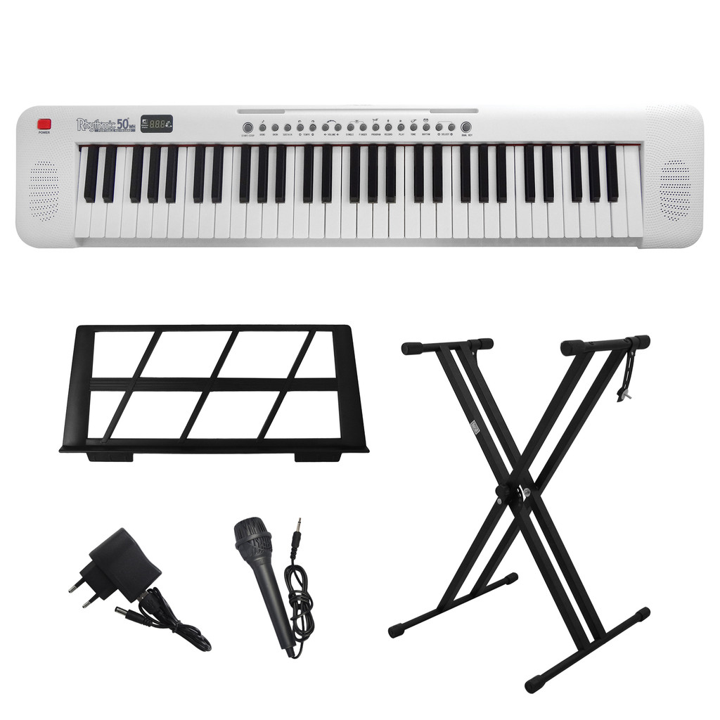 Kit Teclado Musical Portátil 61 Teclas Rhythmic 50WH Branco com Suporte em X