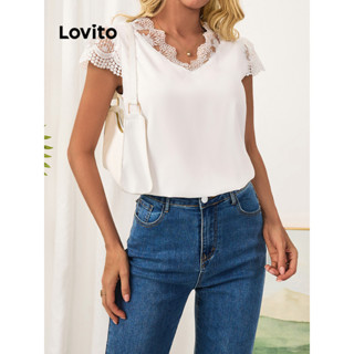 Lovito Elegante Blusa Feminina Lisa com Renda LBL09238
