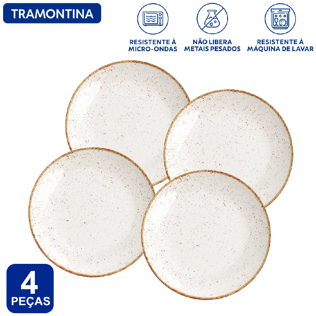 Aparelho de Jantar Jogo de Pratos Rasos Tramontina 25 cm Rústico Marrom Porcelana Decorada 4 Peças