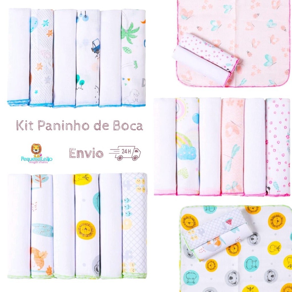 Pano de Boca kit com 6 Und. Babete Paninho de Boca Fralda de pano de boca para bebe 30x30 cm Papi