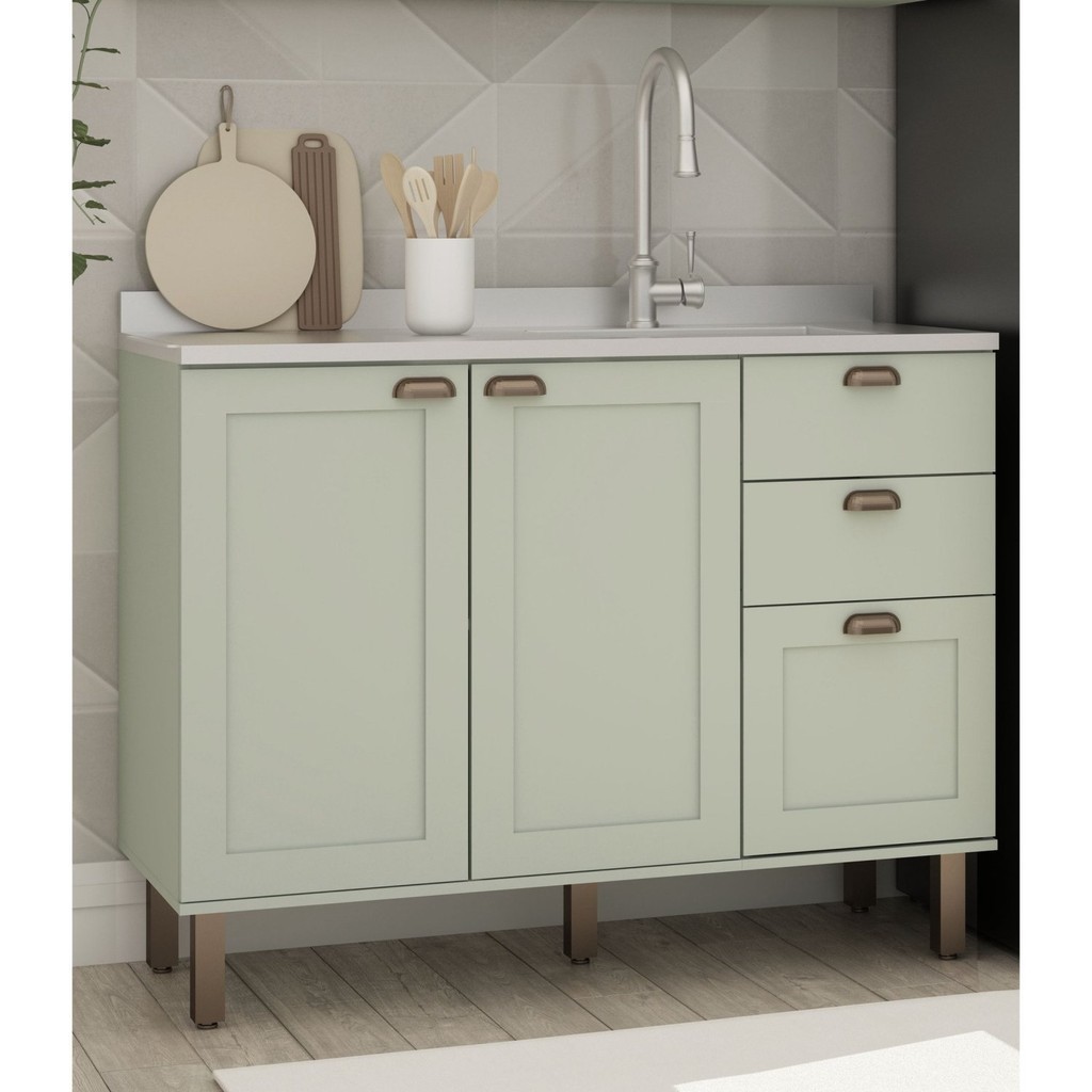 Balcão Para Cozinha 2 Portas 3 Gavetas Provençais sem Tampo Iluminata  Verde Mint - Home & Living