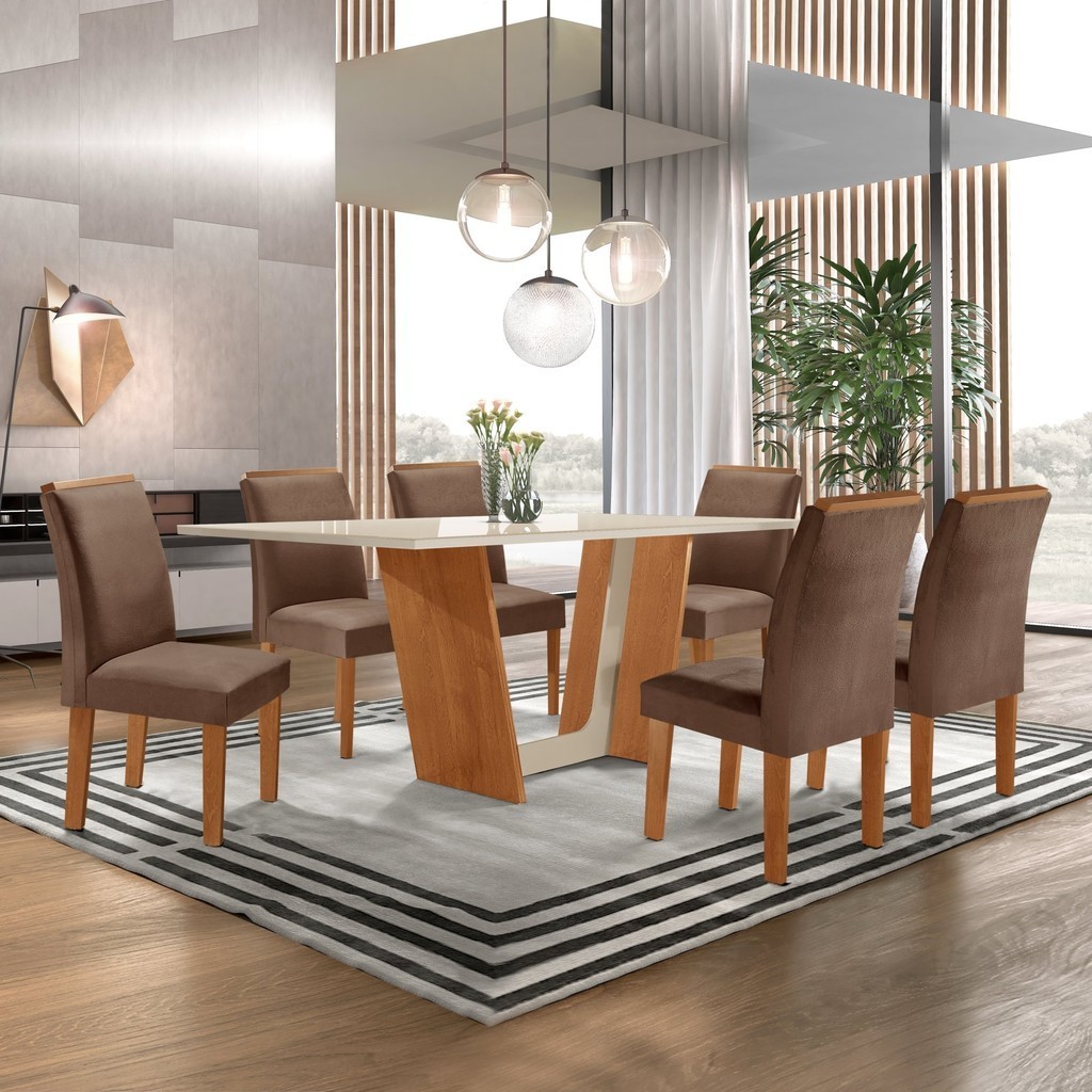 Conjunto Sala de Jantar Mesa Tampo Dakota Plus Vidro 160x80cm com 6 Cadeiras Luisa Yescasa  Cinamomo/Off White/Suede em Oferta na Shopee
