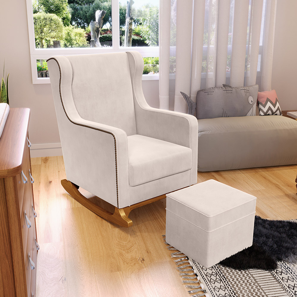 Poltrona de Amamentação com Balanço e Puff Mavie L02 Suede Bege - Lyam Decor em Oferta na Shopee