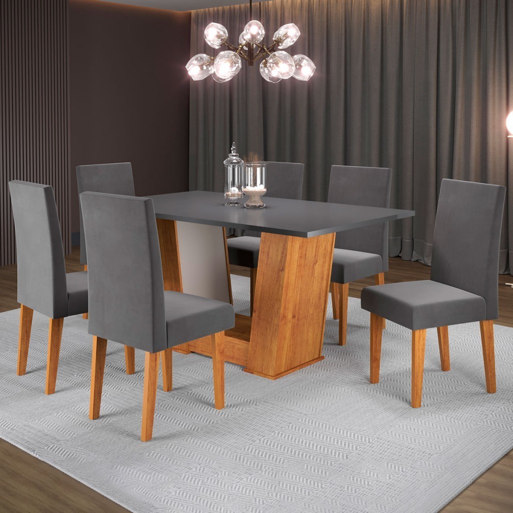 Mesa de Jantar 6 Lugares Floripa Mel/Cinza/Veludo Grafite - Viero Móveis em Oferta na Shopee