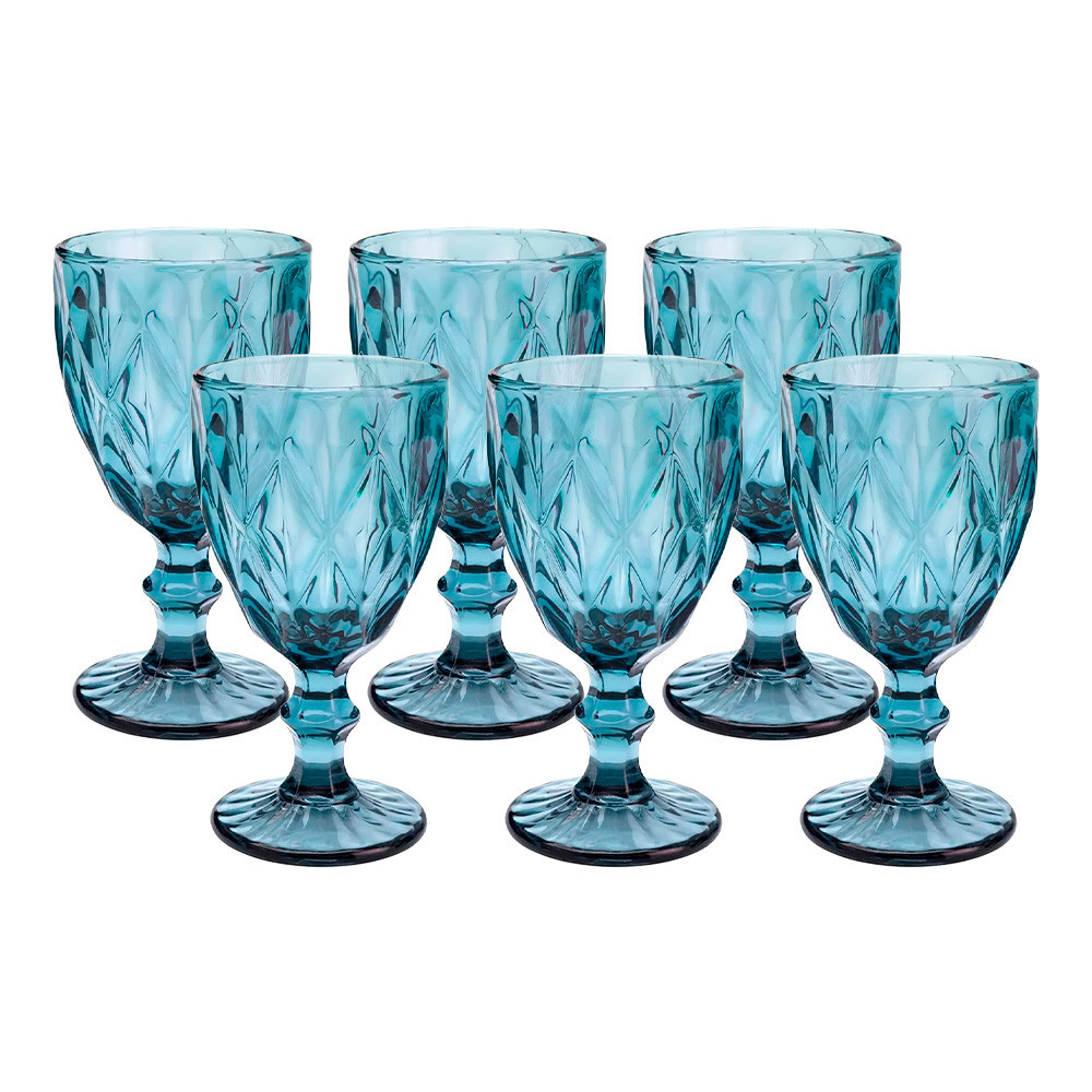 Jogo 6 Taças de Vidro Diamond Diamante Azul 300ml Água Class Home