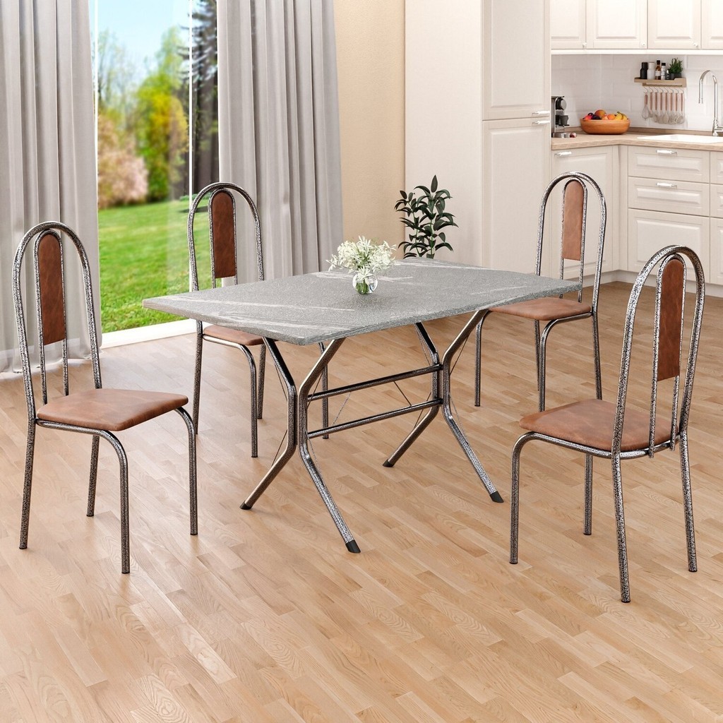 Conjunto Sala de Jantar Mesa Retangular 100x60cm Tampo Granito Topázio 4 Cadeiras Linda Yescasa Marrom/Prata