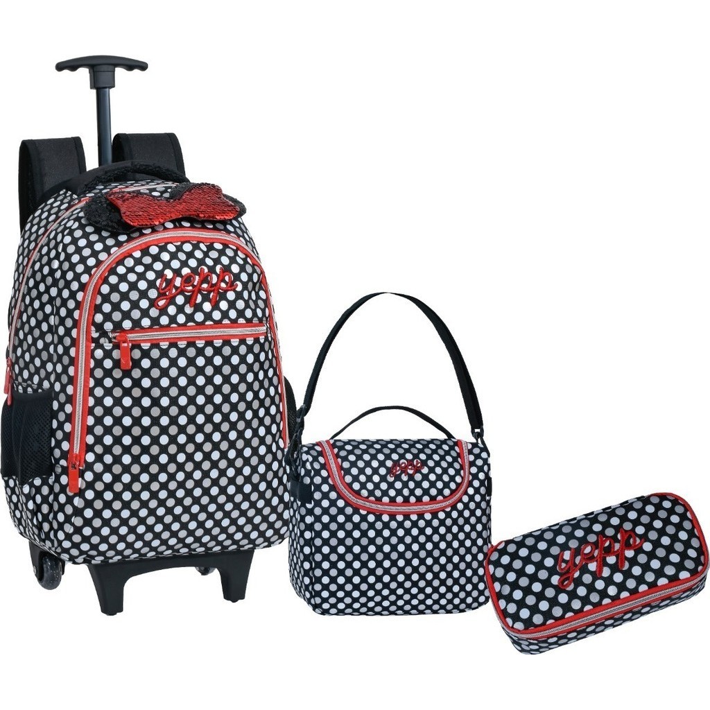 Kit Mochila Rodinha Lancheira Estojo Juvenil Escolar Infantil Menina Minnie Yepp