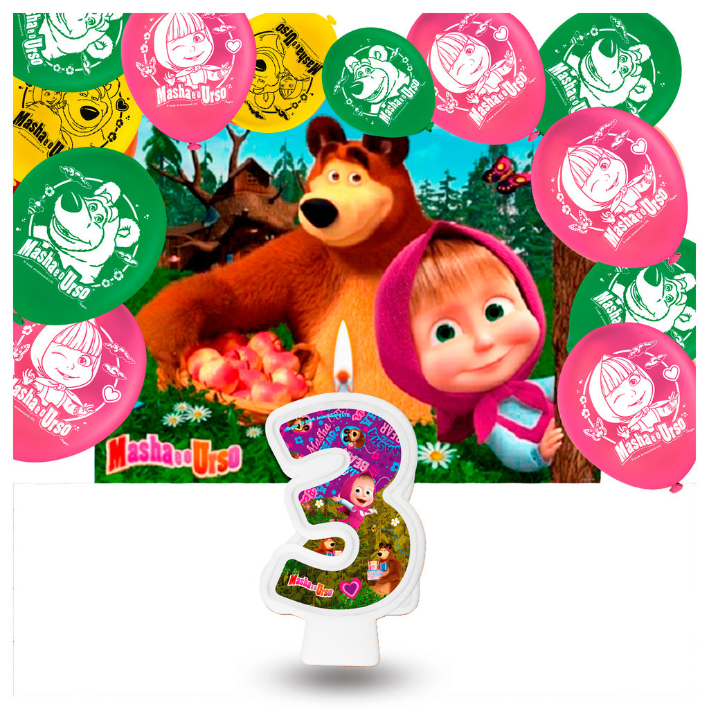 Kit festa Masha e o Urso Decoração Painel + Bexigas + vela 3