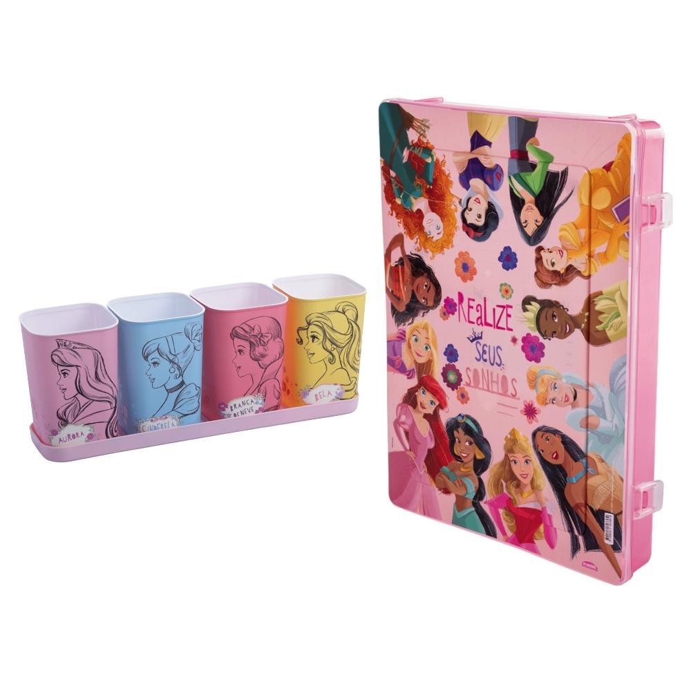 Kit Volta às Aulas Pasta Escolar e Organizador de Mesa Princesas Plasútil