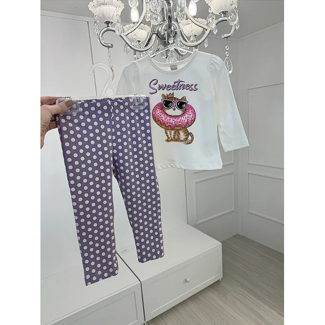 Conjunto Manga Longa Kids 2 pçs Off White/Lilás Gatinha em Oferta na Shopee