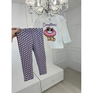 Conjunto Manga Longa Kids 2 pçs Off White/Lilás Gatinha em Oferta na Shopee