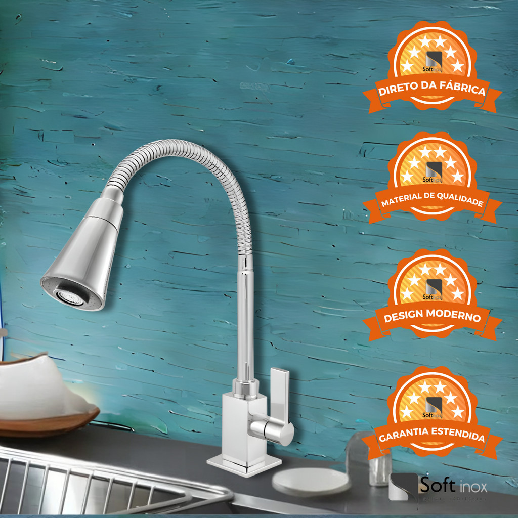 Torneira Gourmet Quadrada Em Metal Cozinha Bancada Cromada