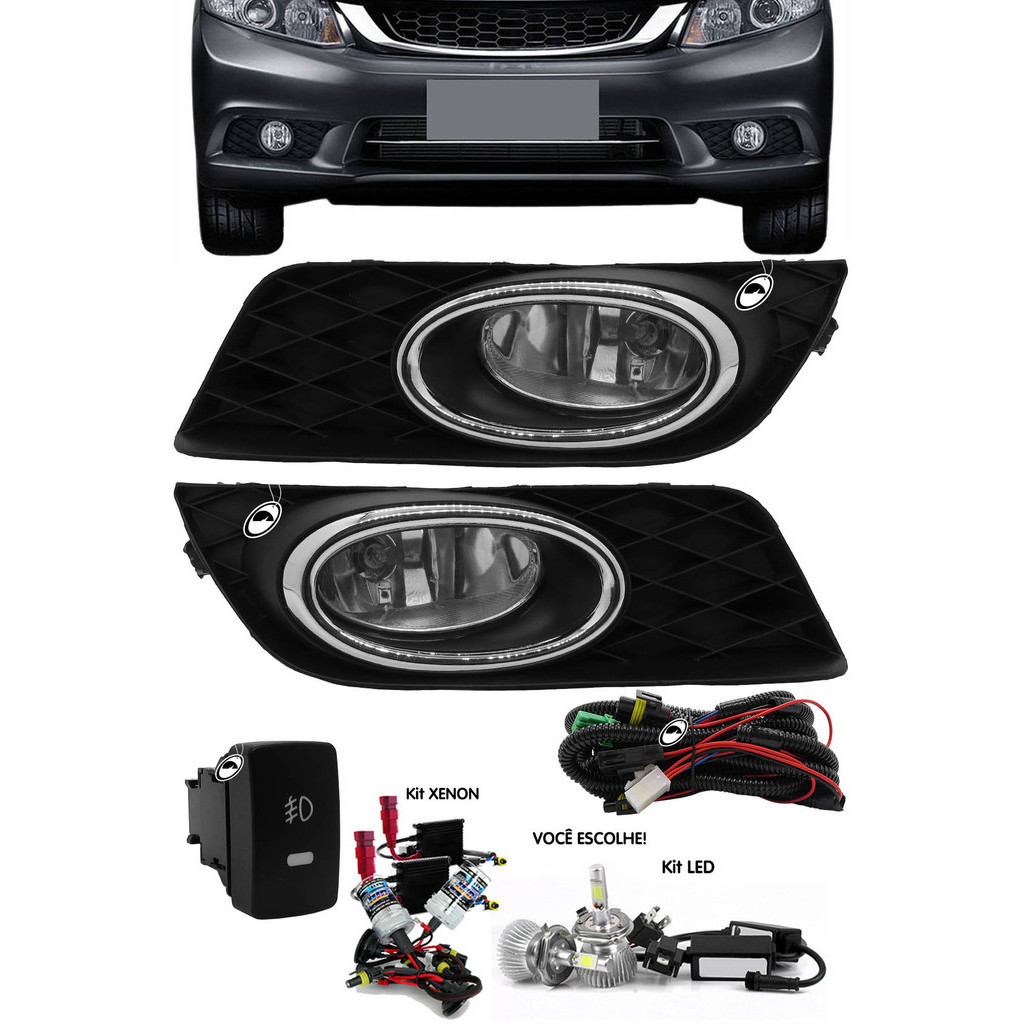 Kit Farol de Milha Neblina New Civic 2012 2013 2014 Botão Painel + Kit Xenon ou Kit LED
