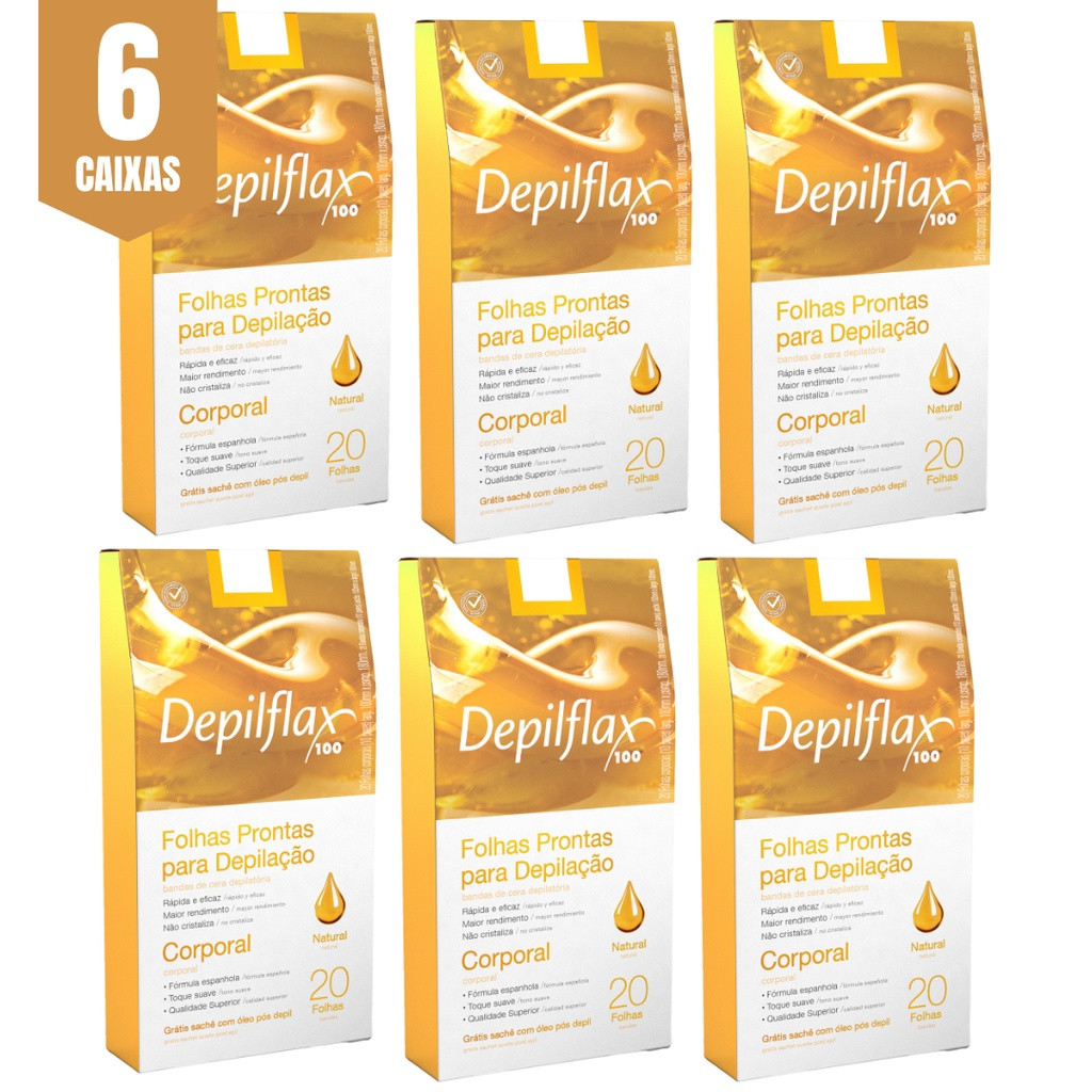 Kit 6 Caixas com 20u Folhas Prontas para Depilação Corporal Natural Mel Depilflax