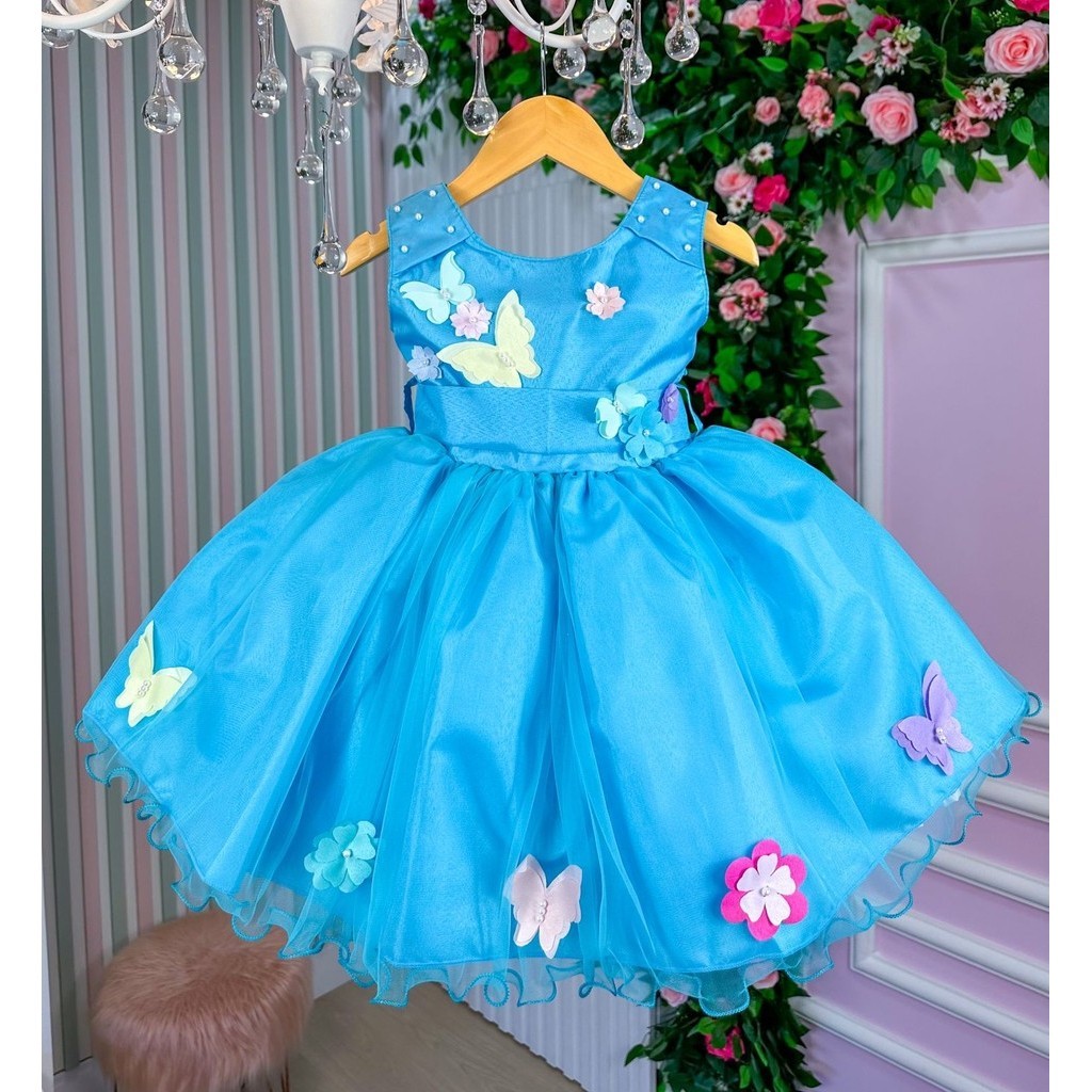 Vestido Princesa Belli Anabel Jardim Encantado Azul Turquesa