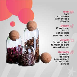 3 Porta Condimentos de Vidro Com Tampa Cortiça Organizador em Oferta na Shopee