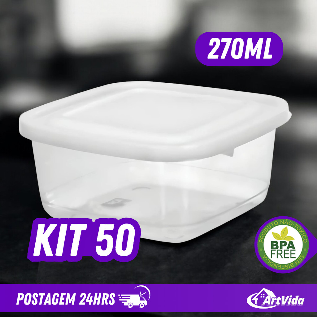 Kit Potes Quadrado 270ml e Tampa Jogo Pote Plástico BPA free Conjunto Pote Mini Quadrado - ArtVida