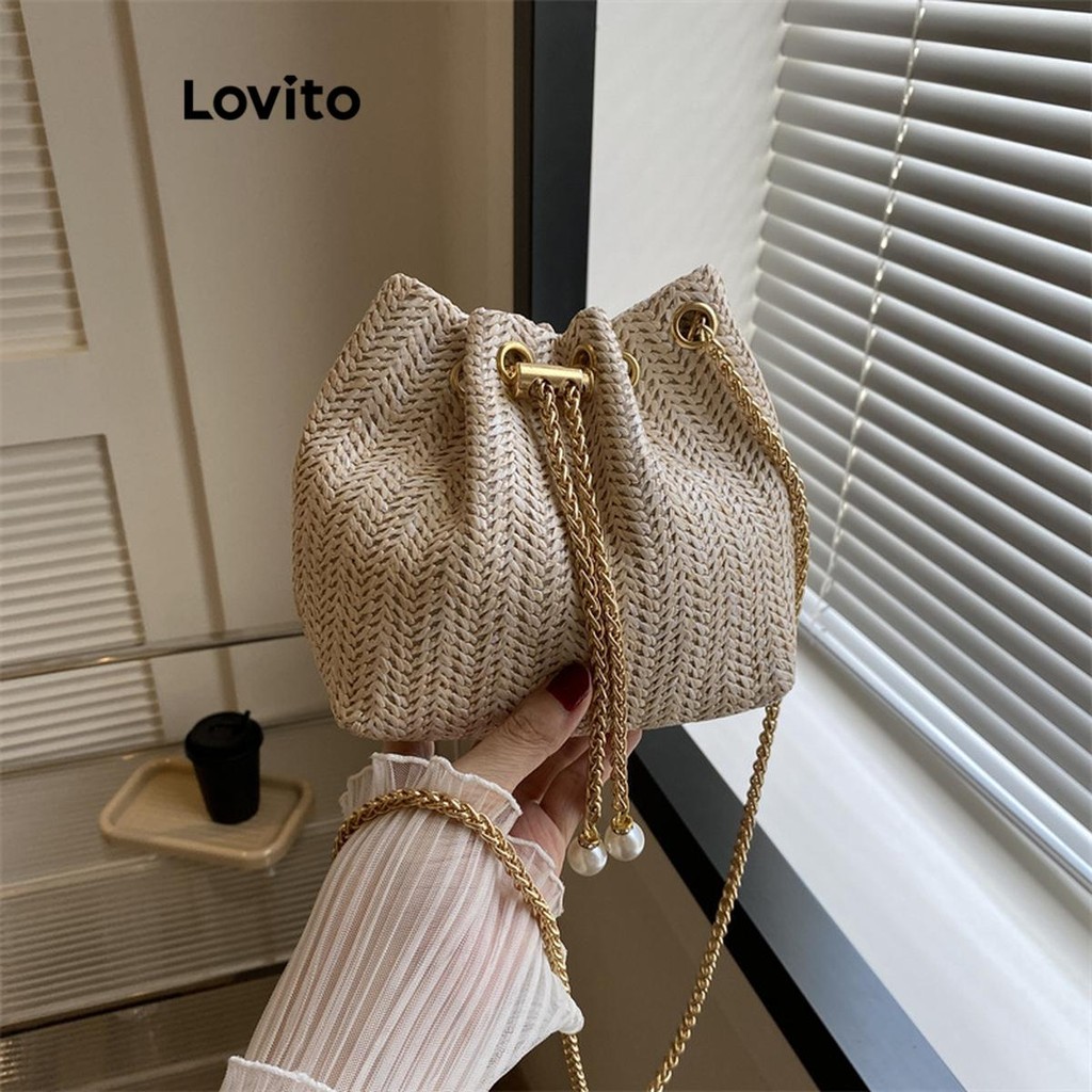 Lovito Casual palha cordão estilo Resort tecido moda pequena bolsa ombro para mulher LFA67025 - Women Bags