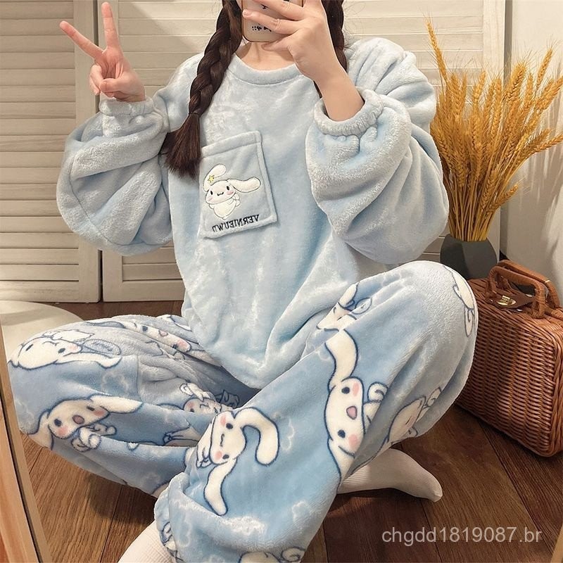 [Envio em 48 horas] Casual Loungewear Flanela Pijamas Manga Longa Calças De Fato De Coral Pijama Feminino De Velo De Out