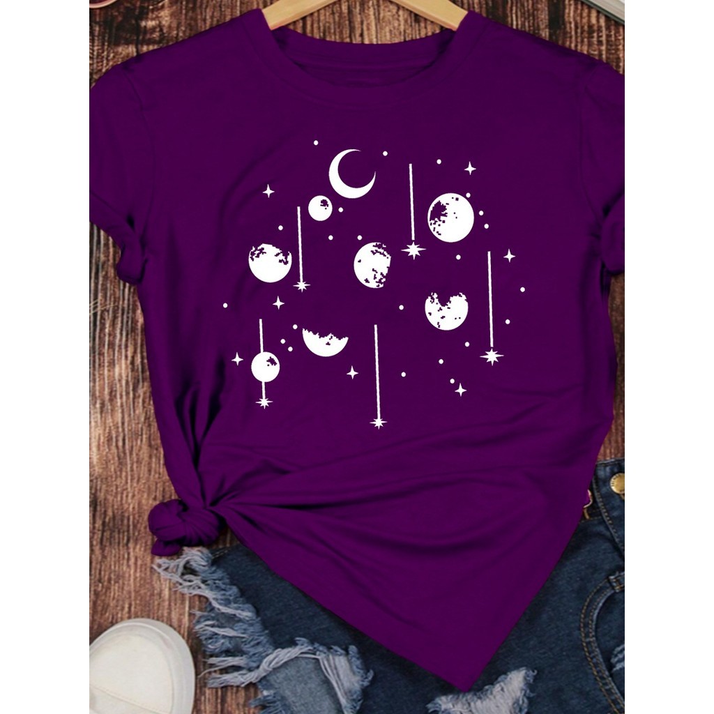 Camiseta Oversized Feminina Academia Plus Size Estampa Céu Lua Estrelinhas Universo Astrologia Blusa 