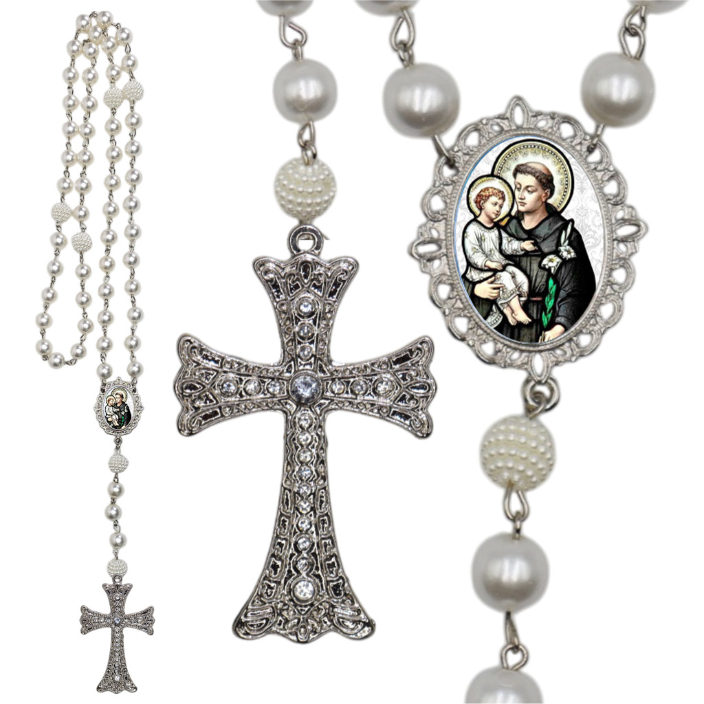 Terço Noiva Prata Santo Antonio Casamento Relicario em Perolas 12mm Homenagem