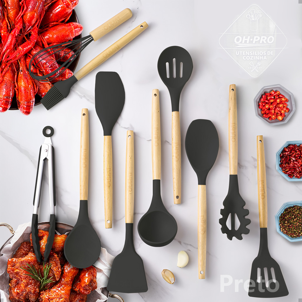 Jogo de Cozinha Kit C/12 Peças de Silicone, Utensílios e Copo Suporte para Cozinha Cabo de Madeira