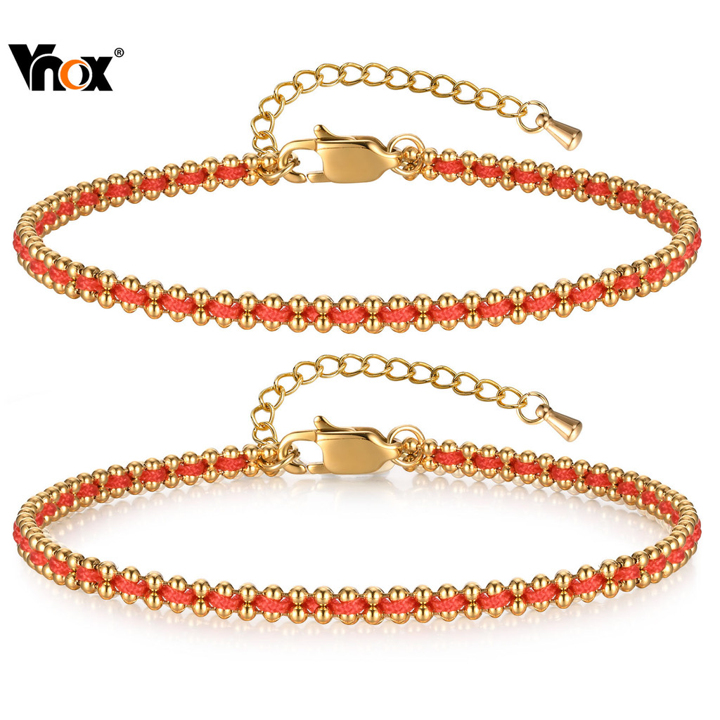 Pulseira De Corrente Tecida Com Corda Vermelha Vnox Para Mulheres , De Elo De Aço Inoxidável Dourado , Presente De Joias