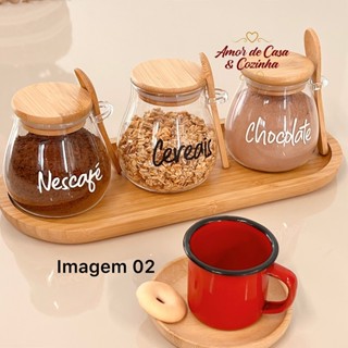 KIT 3 POTES 400ML COM TAMPA COLHER E BANDEJA DE BAMBU STYLE PERSONALIZADO