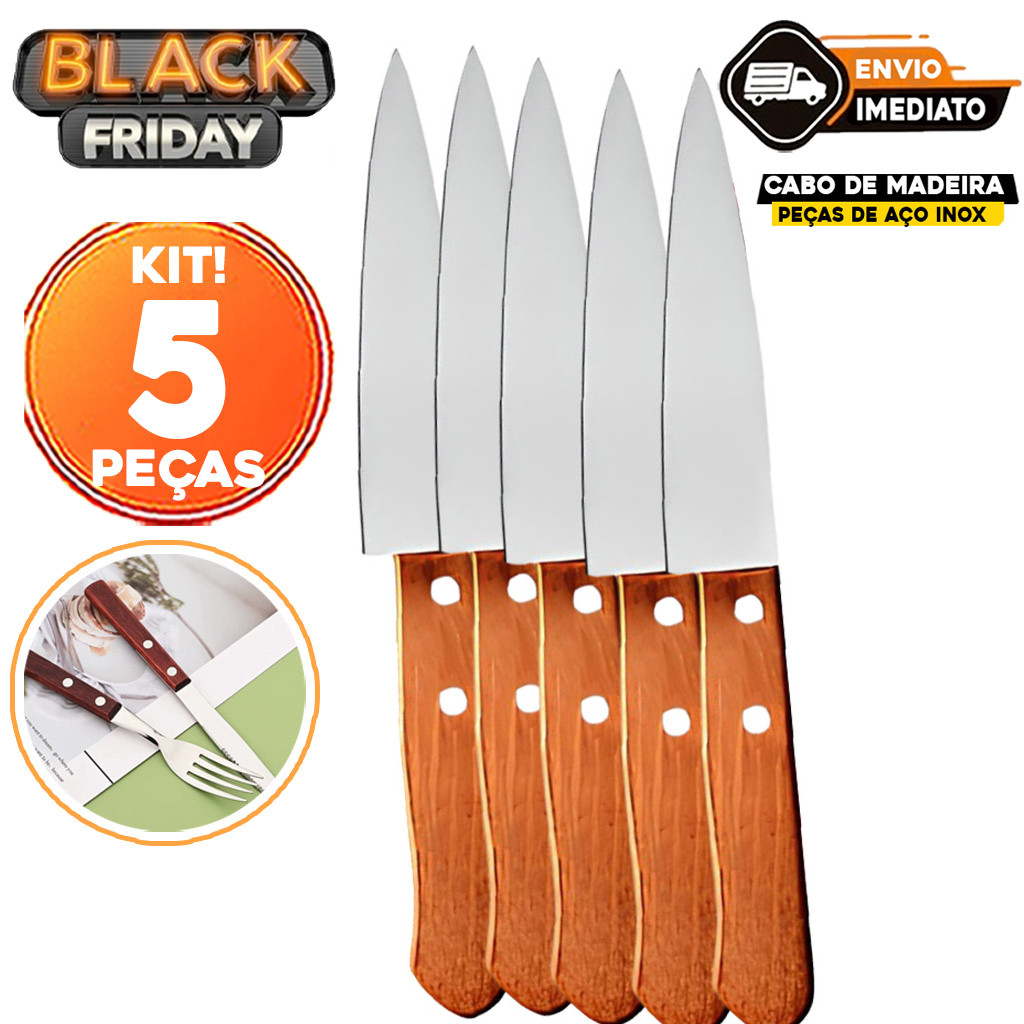 Kit 5 Faca De Cozinha Inox Cabo de Madeira Corte Preciso Cozinha Profissional N°8 Polegadas Restaurante Açougue Casa