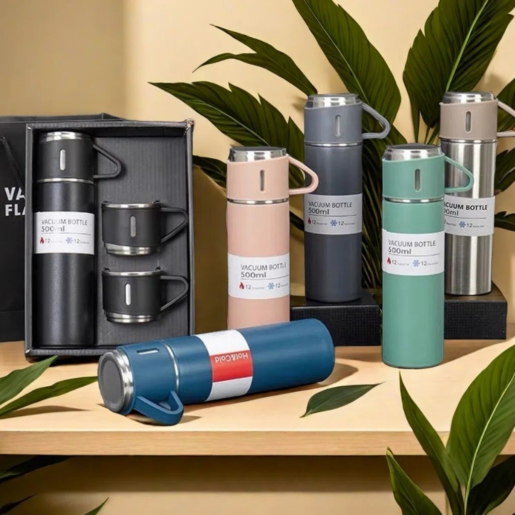 Caneca Kit Garrafa Térmica Vacuum Bottle Inox 500ml + 3 Xícaras Bebidas Fria ou Quente