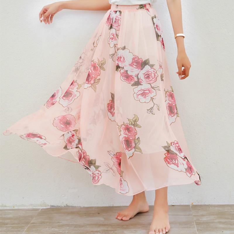 Mulheres Saia De Verão Vintage Bohemia Chiffon Floral Impresso Boho Até O Chão Longo Maxi Praia Festa Solta Flare
