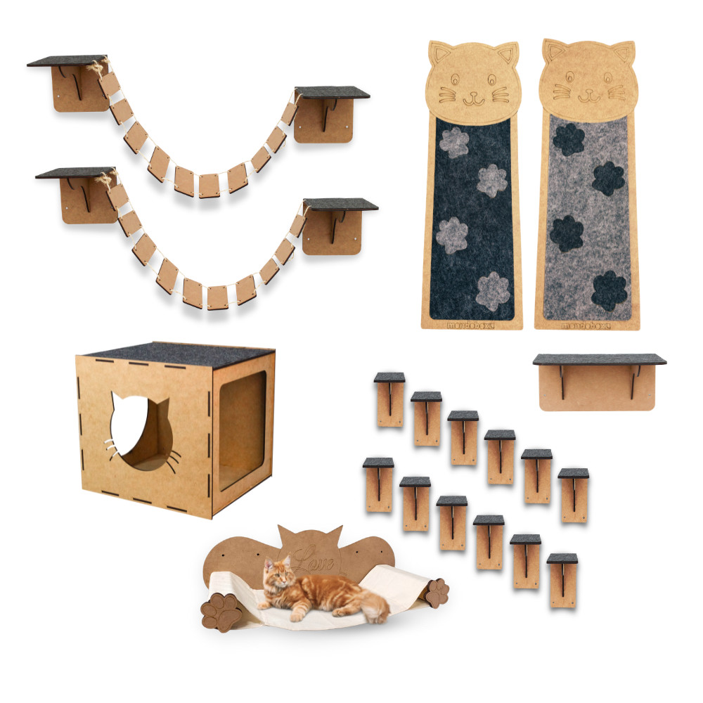 Kit Playground Gatos 19 pçs Arranhador Parede Brinquedo Gato Nicho Toca Casinha Degraus Pontes Mdf em Oferta na Shopee