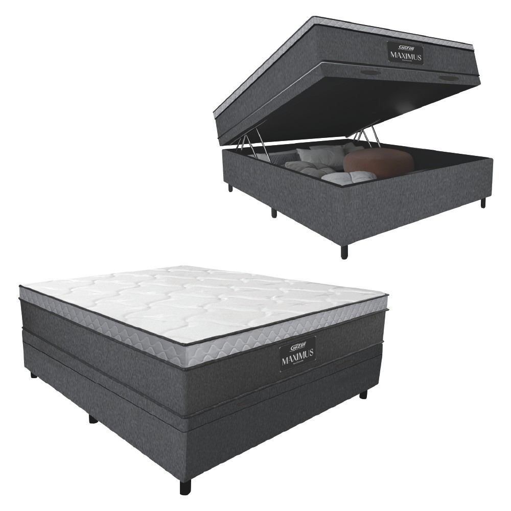 Cama Box Baú Casal Colchão Gazin Maximus Molas Ensacadas 138x188x65cm Linho Grafite / Preto em Oferta na Shopee