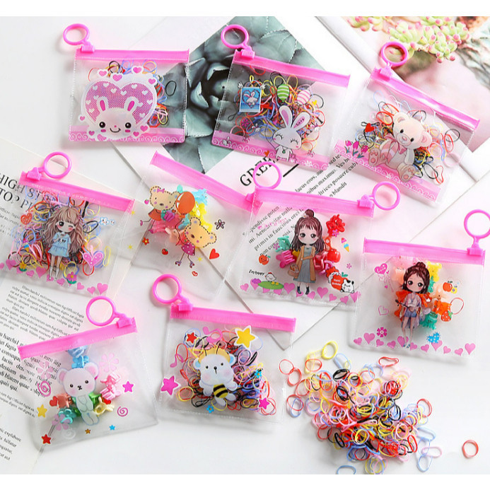 Kit 1/2/3/4/5/6/12 bolsinha com 100 Peças Elástico De Cabelo Feminino Saco ziplock de desenho animado