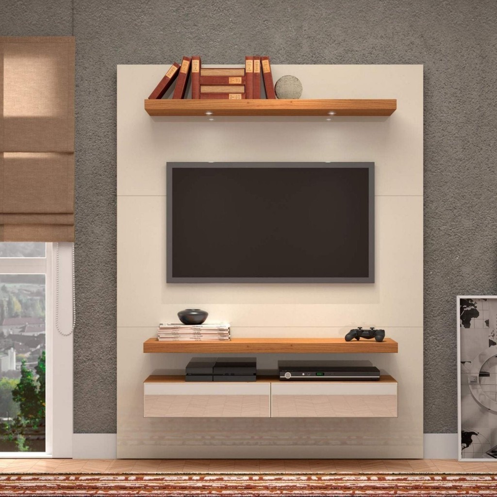 Painel para TV 55 Pol. com LED Espelho 2 Gavetas 140cm MDF Off White/Freijó em Oferta na Shopee