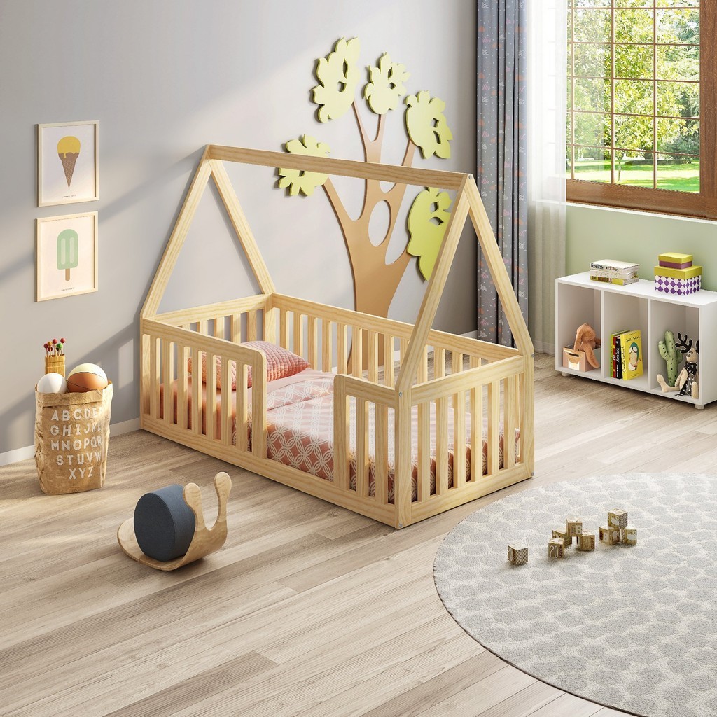 Mini Cama Montessoriana Com Grade e Telhado Giulia Casatema Natural - Mom & Baby