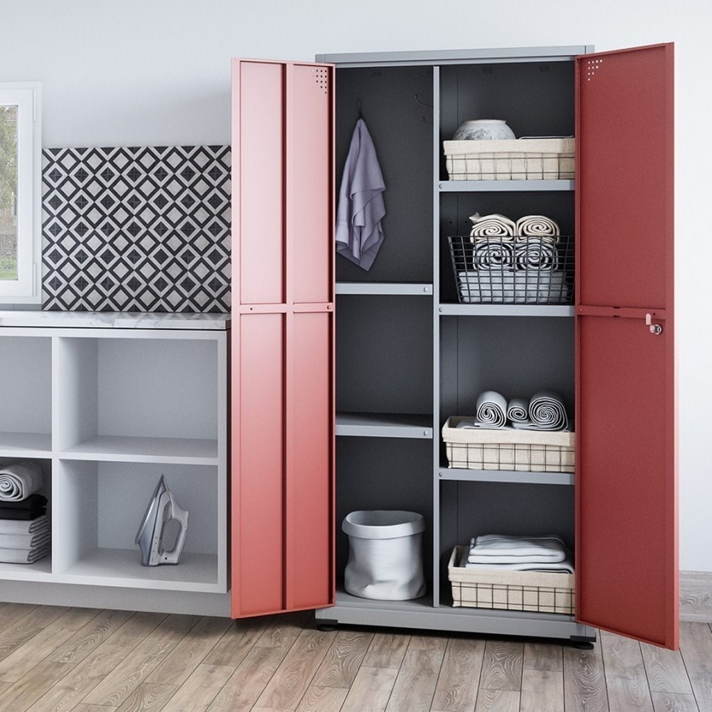 Detalhes do Armário de Aço 2 Portas 3 Prateleiras com Chave AP408SL Cinza/Vermelho