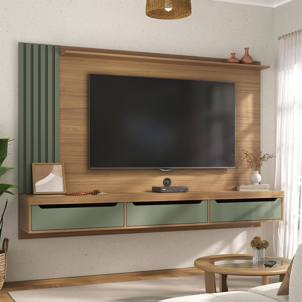 Painel para TV Até 75 Polegadas Luxo 3 Gavetas Carvalho/Menta - Pnr Móveis em Oferta na Shopee