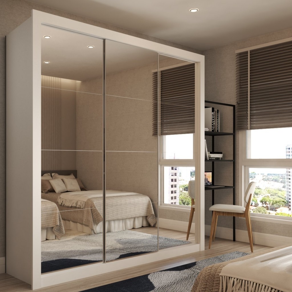 Guarda-Roupa Casal Santos 3 Portas de Correr 4 Gavetas Espelhado Branco - Panorama Móveis em Oferta na Shopee