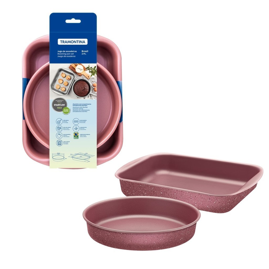 Jogo de Assadeiras 2 Peças em Alumínio com Revestimento em Antiaderente Starflon Rosa Tramontina  - 20099486 em Oferta na Shopee