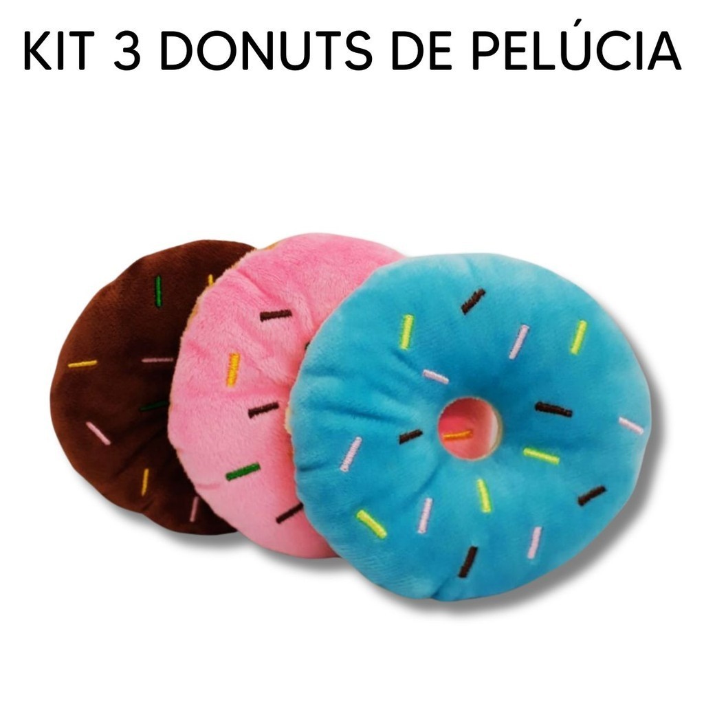 Kit 3 Brinquedo Pet Mordedor Rosquinha para Cachorro Rosa Azul Marrom com Apito Som