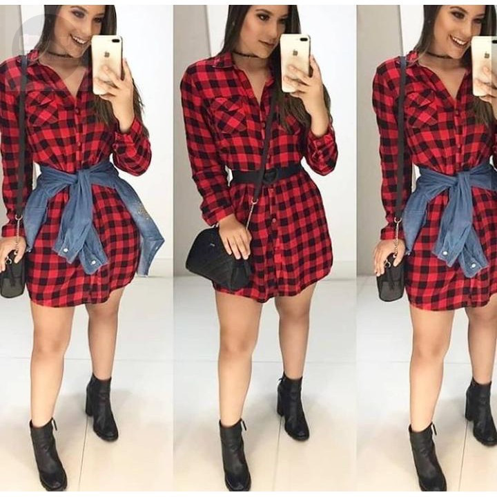 Vestido Xadrez Blusão Feminino Camisa Quadriculada Com Laço Lindo