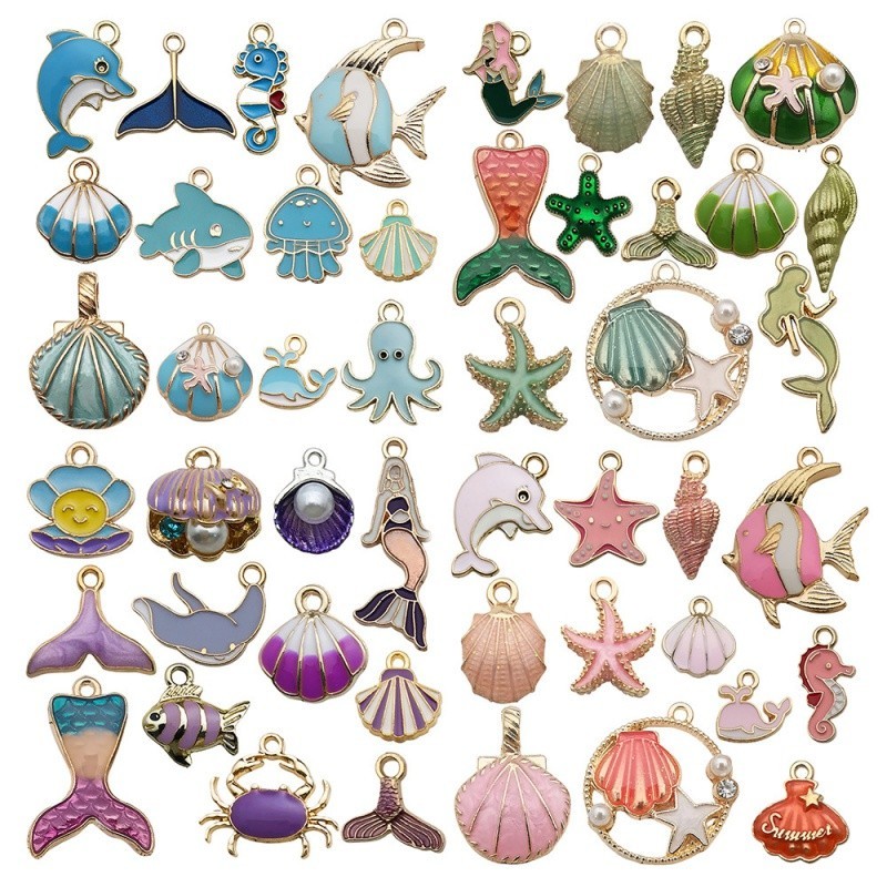 [Oceano Charme] Multi-Color Ocean Mixed Charm Starfish Shell Pingente Brincos Pingente Keychain Material Pacote Pulseira Colar Acessórios DIY Handmade Material